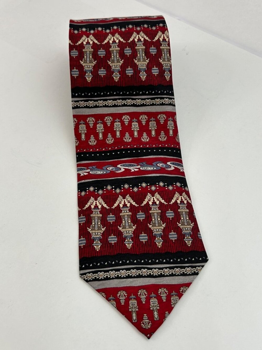 Vintage Daniel De Fasson Red Black Men's Silk Tie Ornate Pattern Greek Columns